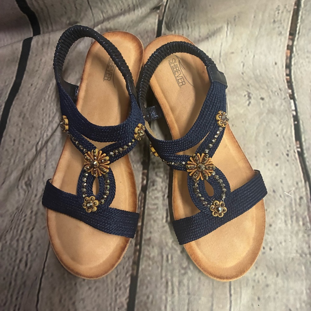 SHIBEVER Glitter Sandals‎ WMS 40 Rhinestone Casual Open Toe Wedge Slingback Blue - Picture 10 of 10